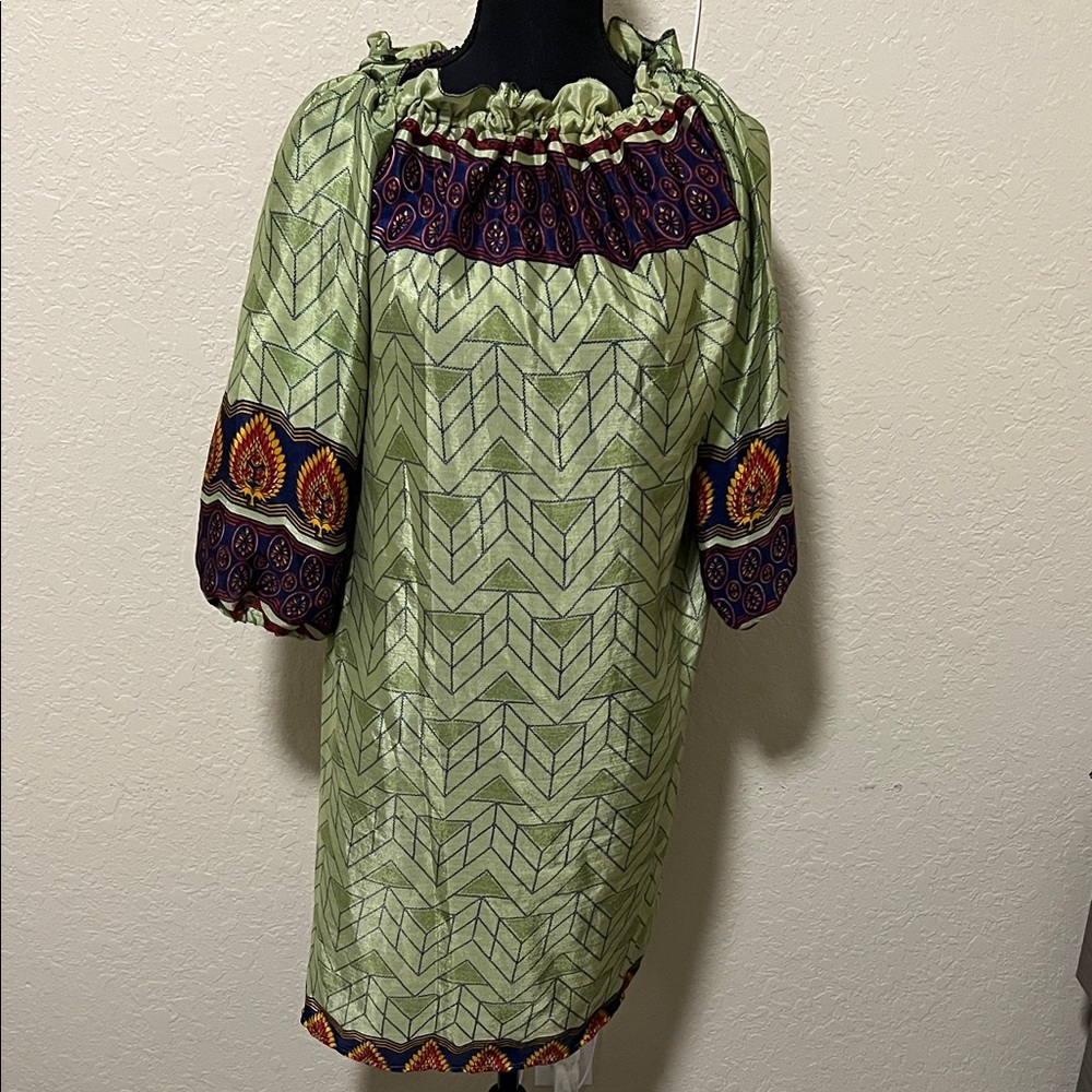 Green Patterned Dress with Colorful Accents
